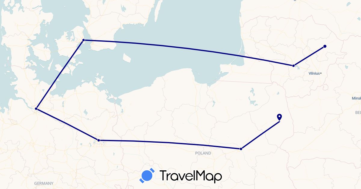 TravelMap itinerary: driving in Germany, Denmark, Lithuania, Poland (Europe)